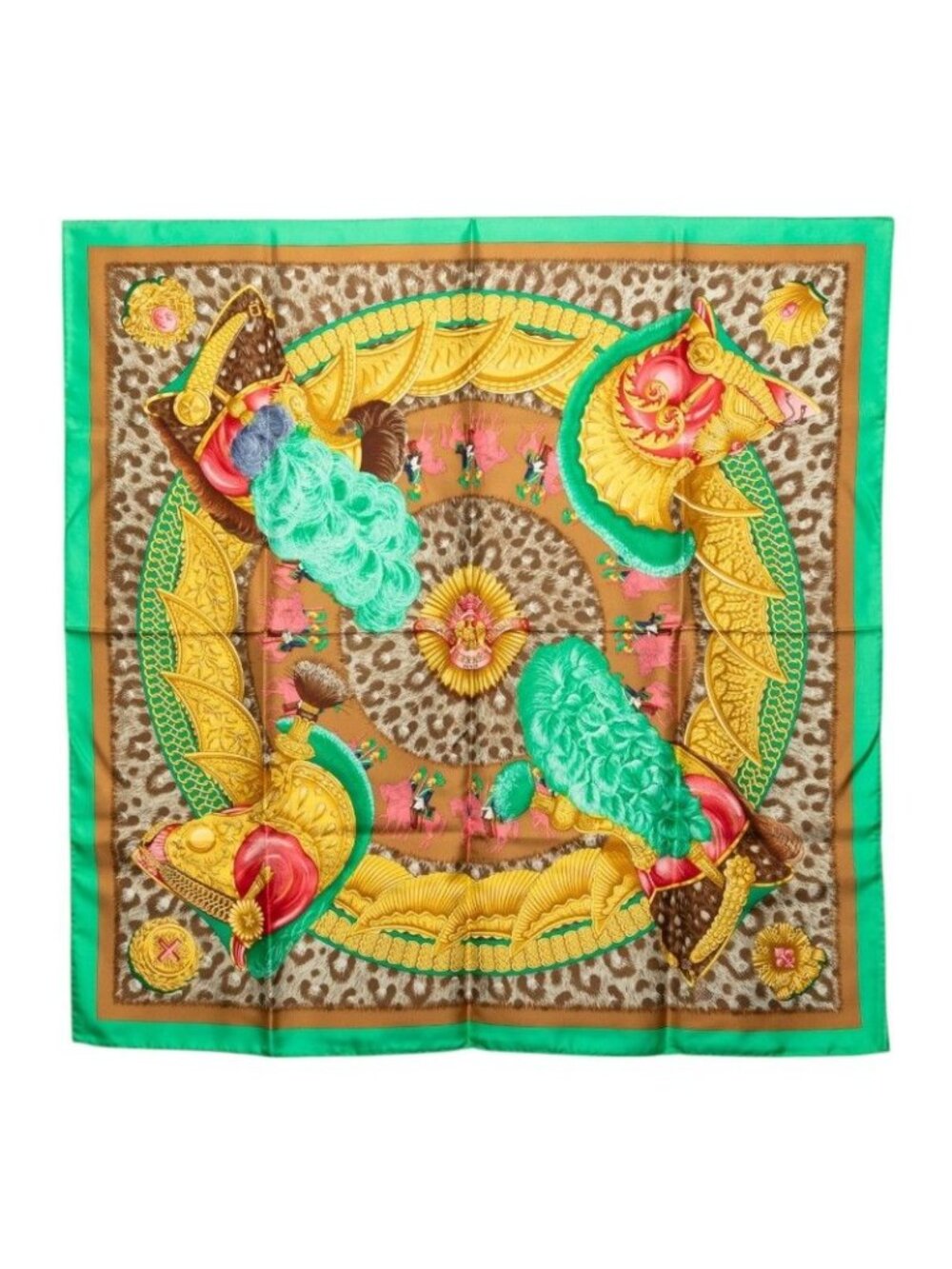 Hermes Carre 90 Casques Et Plumets Faceless Helmet Scarf Large Green Multicolor